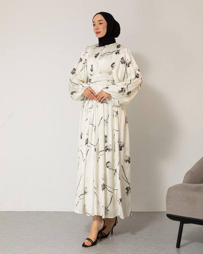 Kemerli Baskılı Uzun Elbise