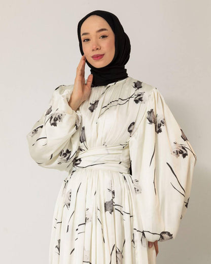 Kemerli Baskılı Uzun Elbise